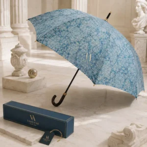 Luxury 14mm Fiberglass Frame Windproof 60mph Manual Open 210T Fabric Solid Curved Wooden Handle Custom logo Straight Umbrella
