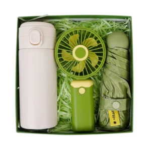 Luxury 3-in-1 Business Gift Set Insulated Vacuum Flask Folding Umbrella and Portable Mini Fan Premium Souvenir Gift Box