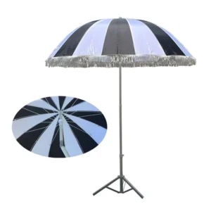Luxury 48 inch Beach Umbrella Black and White Standard Size with Tassels and Tilt New Design