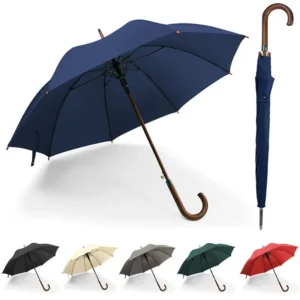Luxury Auto Open Straight Umbrella With Logo Waterproof 8k Ribs Custom Wooden J Handle Paraguas De Lluvias For Adults