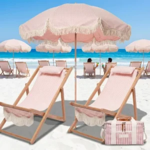 Luxury Boho Beach Umbrella and Chair Set with Tassel Custom Logo UV50+ Canvas Sun Shade & Tote Bag Package for Resort