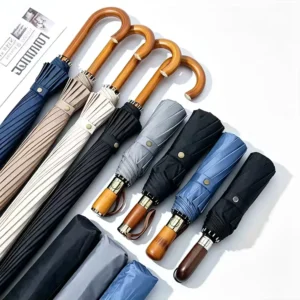Luxury Classics Wooden Curved Handle Straight Umbrella Strong Wind-Resistant UV Protection Custom logo Golf Umbrella