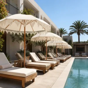 Luxury Commercial Hotel Outdoor Sun Patio Umbrella with Tassel Fringe Parasol for Cafe Beach Resort