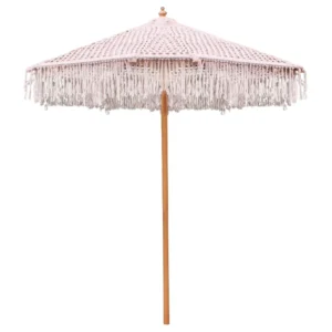 Luxury Crochet Patio Wooden Macrame Beach Umbrella Handmade Cotton Tassels 2.5M Parasol Macrame Ropes