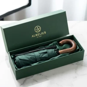Luxury Custom Logo Manual Premium Forest Green Windproof Compact Bags Accessories Wooden J Handle Folding Umbrella With Logo