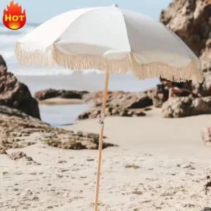 Luxury Furniture Shades 2m Antique White Canvas Beach Outdoor Umbrella with Boho Cotton Tassel Trim for Backyard Resort Hotel