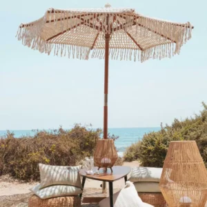 Luxury Hand Woven Rope Sun Parasol Boho Wooden Pole Crochet Cotton Tassel Patio Beach Umbrella With Fringes