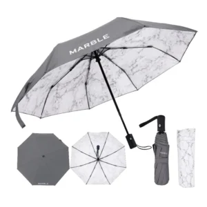 Luxury Modern Marble Inner Print 23 Inch Double Layer 3 Fold Umbrella 190T Pongee Windproof Matte Gray Custom Logo Travel Use