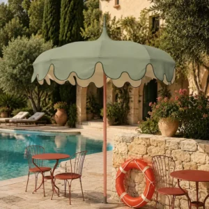 Luxury Pink Scalloped Pagoda Patio Umbrella Large Outdoor Parasol with Base for Hotel Resort Pool and Beach