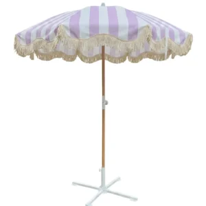 Luxury Purple Striped Tassel Wood Beach Umbrella Classical Design for Outdoor Patio Garden