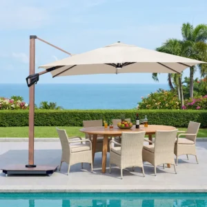 Luxury Retro Wooden Aluminum Pole Ribs Patio Terrace Cantilever Umbrella 3*3m 3*4m Led Light Parasol with Base