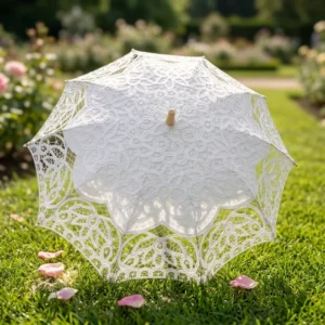 Luxury Traditional Handmade Eco-friendly White Lace Wedding Parasol with Wood Handle and Plain Lace Design