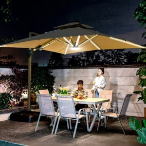 MOJIA Hydraulic Patio Parasol Outdoor Aluminium Cantilever Restaurant Garden Umbrella with Solar Led Light