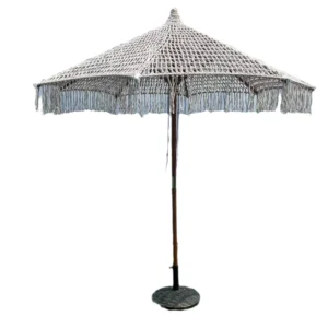 Macrame Beach Umbrella, Wood Frame, Polyester Cotton Blend Patio Umbrella