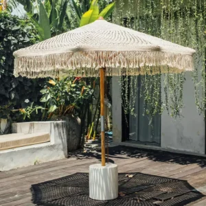 Macrame Crochet Beach Umbrella with Beige Fringe, Beech Wood Frame, Boho Style