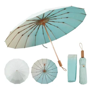 Manual 3-Fold Windproof Travel Umbrella with PU-Coated Fabric 99cm Open Wood Handle