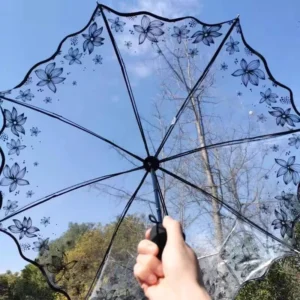 Manual 3-Folding Cherry Blossom Printed Ruffled Edge POE Plastic Transparent Travel Umbrella for Girls and Students