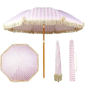 Manual 8-Rib Rotatable Dual-Folding Beach Umbrella with Iron Handle and Tassel, for Courtyard Camping