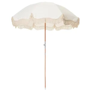 Manual Canvas Square Beach Umbrella Pop Tent Tassels Fringe Wood Frame UV Resistant Sun Protection Outdoor Garden