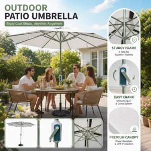 Manual-Control Beach Umbrella with Large Side Pole and Base for Outdoor Restaurants, Patios, Resorts, Beach Clubs