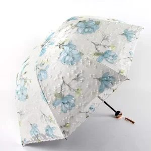 Manual Control Double Layer Embroidered Lace Sunshade Fold Umbrella 8k Ribs Business Style with Logo Printing for Business Gifts