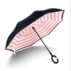 Manual Control Double Layer Reversible Straight Umbrella C Handle Hands-Free Rainproof Windproof Polyester