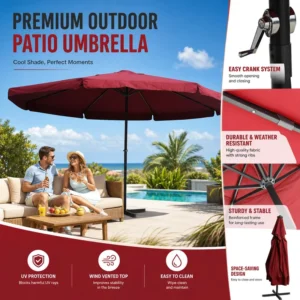 Manual Control Large Patio Sunshade Red Umbrella With Base Stand For Outdoor Restaurants Patios Farmhouse Porch