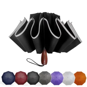 Manual Open Reverse Folding Umbrella with Wooden Handle and Reflective Strip