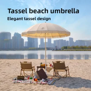 Manual Outdoor Beach Umbrella Classic Tassel Design 16-Rib Polyester Panel for Garden Courtyard and Beach