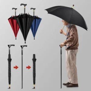 Manual Straight Cane Walking Stick Umbrella with Carabiner, Black and Red
