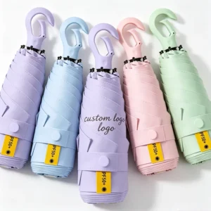 Manual UV-Resistant Mini Umbrella 6 Ribs Compact Folding Travel Umbrella with Carabiner Ring Handle