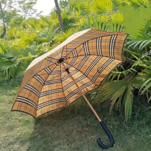 Manual Wooden-Shaft Sun Parasol with Check Printing and Leather Handle