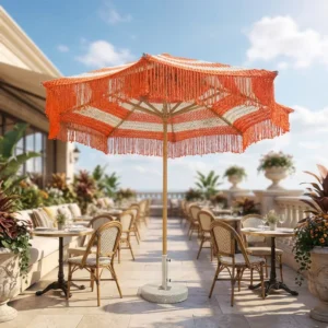 Manufacture Big Size Beach Aluminum Handmade Cotton Tassels Rope Umbrella Customized Parasol Wedding Patio Outdoor Umbrella Base