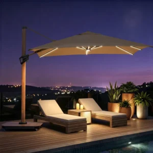 Manufacturer Price Full Lighting Terrace Pool Umbrella Wooden Pole Ribs Cantilever Parasol with Base