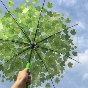 Maple Leaf Transparent Long Handle Straight Umbrella Green Leaf Design