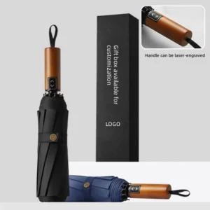 Men’s Business 3-Fold Fully Automatic Umbrella Wooden Handle Engraving Logo Printing UV Protection