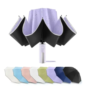 Men’s and Women’s Wind-Resistant LED Flashlight Pongee Three-Folding Automatic Sun Protection Umbrella Auto-Open Button