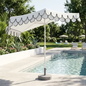 Mid-Century Portable Half-Shape Patio Umbrella with Double Scalloped Edge, Fringe, Aluminum Frame, Tilt and White Black Color