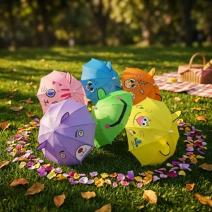 Mini 3D Stereo Kids Cartoon Animal Ear Design Straight Manual Polyester Iron Shaft Umbrella