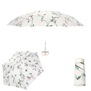 Mini 5-Folding Floral Umbrella 6 Ribs UPF 50+ Cherry Print Women Adult Travel Sun Rain