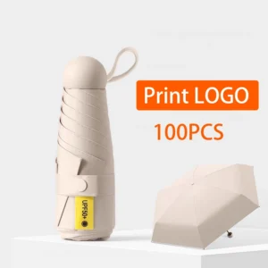 Mini Pocket Custom Logo Printing 5-Fold Umbrella Black Coating UV Protection Sun and Rain Umbrella for Girls