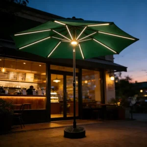 Minimalist 2.7m Solar LED Light Strip Patio Umbrella 8-Rib Crank Tilt Center Pole Parasol Foldable Hotel/Garden/Balcony/Cafe