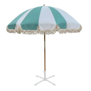 Mint Green Striped Tassel Beach Umbrella with Sand Anchor Fringe Parasol