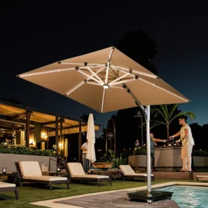 Modern 3*3m LED Umbrella Parasol with Solar Light Heavy Lamp Bead Square Rectangular for Outdoor Cafe Shop Restaurants Hotels