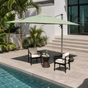 Modern 3m Anti-UV Aluminum Outdoor Poolside Umbrella Set with Teak Frame Dining Chairs for Villa and Hotel Terrace