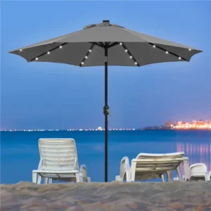 Modern 9 ft Outdoor Aluminum Waterproof Patio Market Umbrella with Solar LED Lights and Tilt 1.5m Radii for Park Furniture