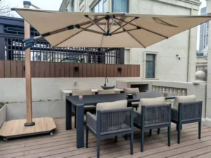 Modern Aluminum LED Roman Patio Umbrella, Wood Color, for Garden Courtyard or Park