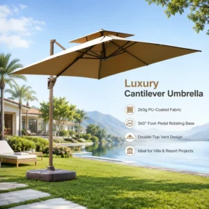 Modern Contract Grade 360 Rotating LED Cantilever Patio Umbrella, FLD7012 PU Fabric