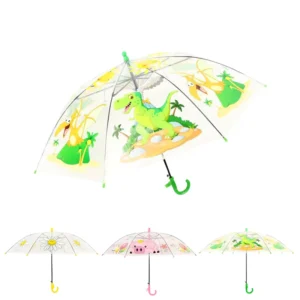 Modern Cute Clear Transparent Folding Cartoon Umbrella for Kids Semi Automatic Control Straight Pattern for Children