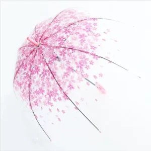 Modern Cute Flower Printed Clear Transparent Folding Umbrella for Adults, Semi-Automatic